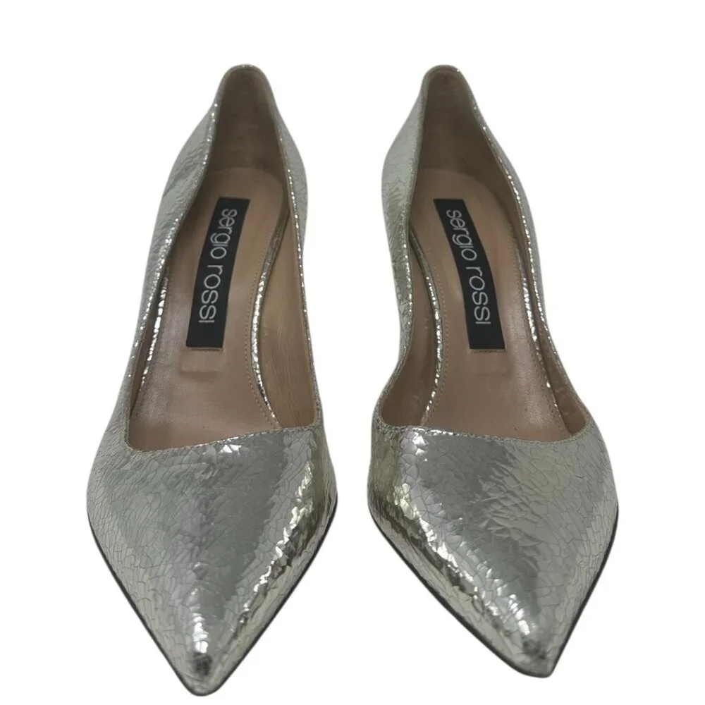 Sergio Rossi Godiva Platinum Mirror Grained Leather Pointed Toe 90mm Pumps 10